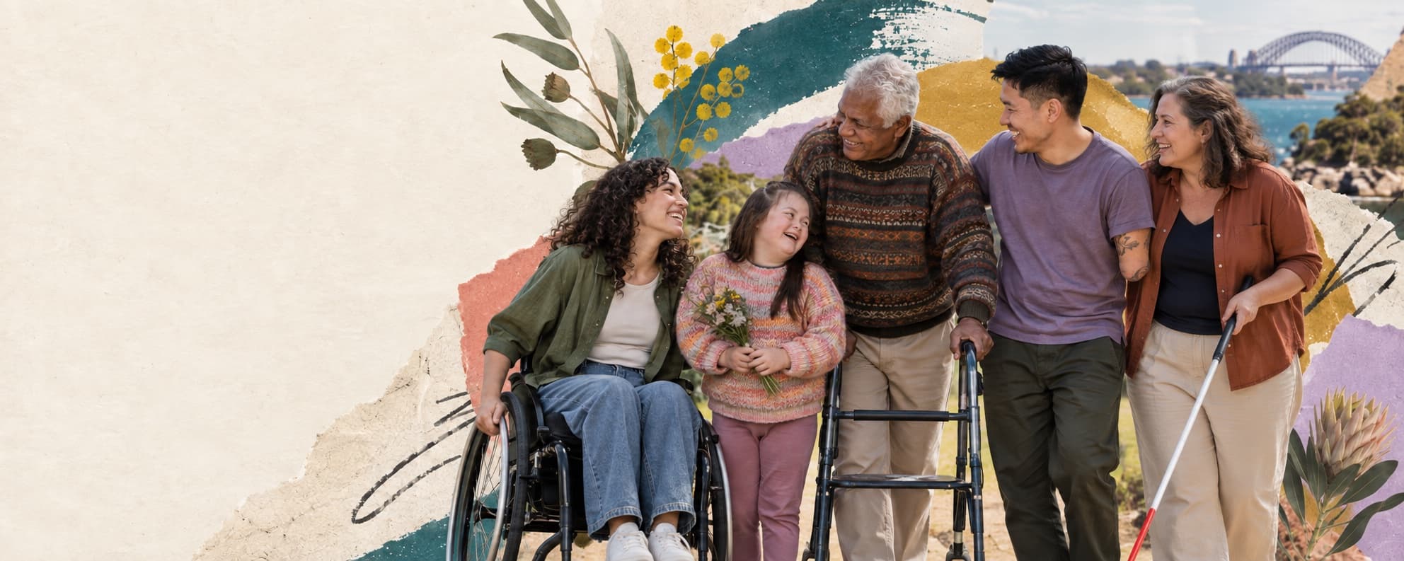 A wheelchair user, a child with Down syndrome, an older person using a walking frame, an adult with a limb difference, and a blind adult with a white cane together in a colourful collage.